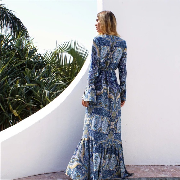 Paisley Gypsy Print Maxi Wrap Dress Blue Long - Picture 3 of 3